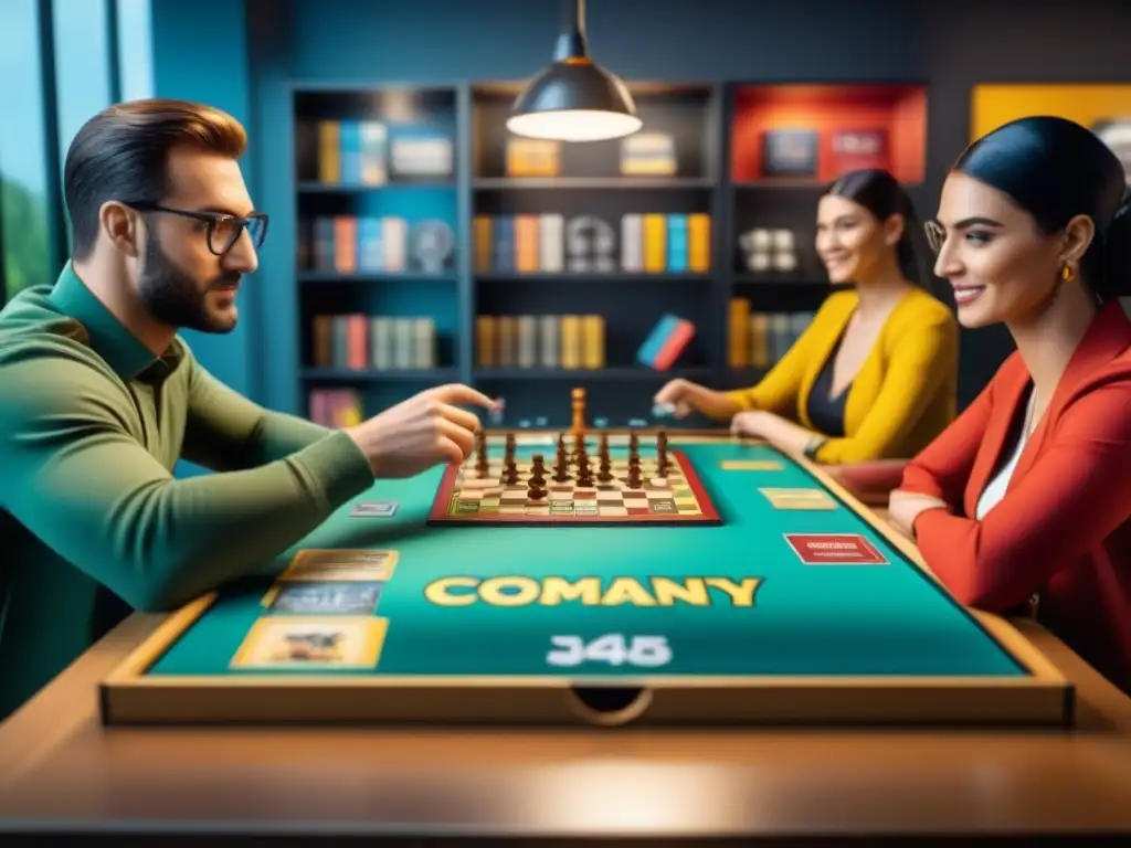 Vista aérea de un café de juegos de mesa lleno de diversidad y emoción, reflejando la esencia de una exitosa campaña CrossMarketing Juegos de Mesa