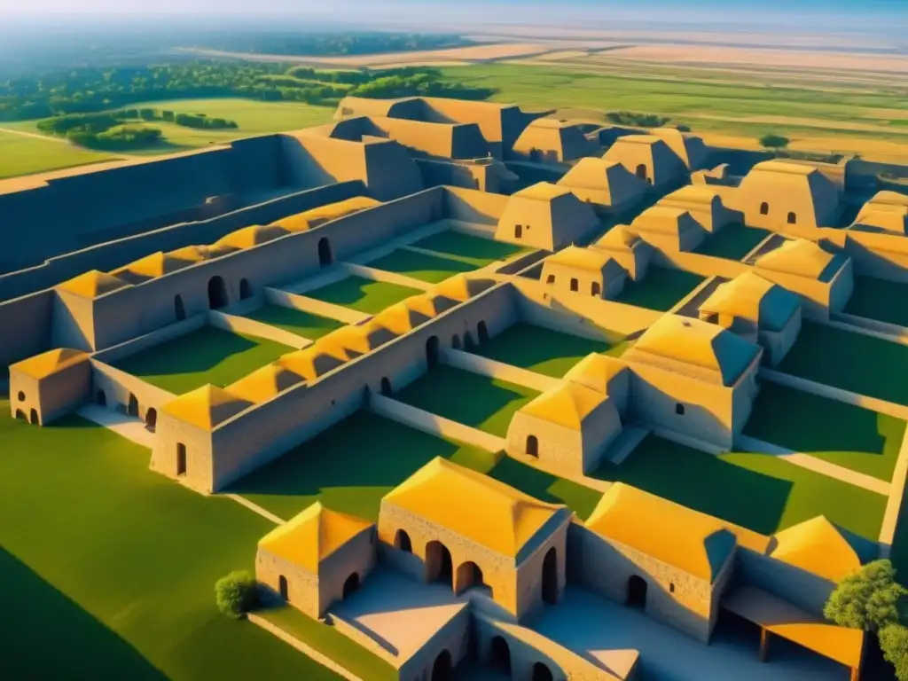 Vista aérea detallada de la antigua ciudad de Mohenjodaro, revelando su complejo diseño urbano