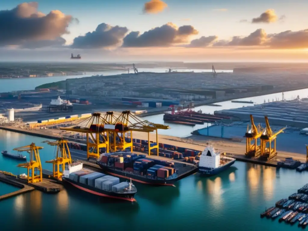 Vista aérea de alta resolución del estratégico puerto de Le Havre, resaltando la red de muelles, grúas y barcos de carga en la ciudad