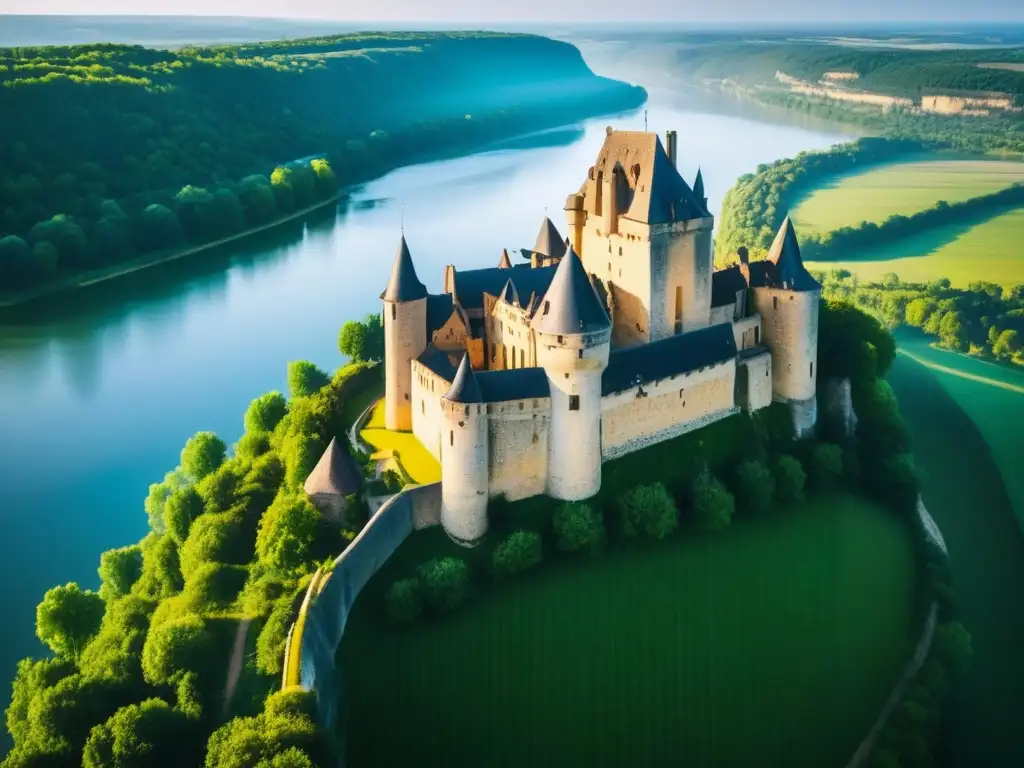 Vista aérea del imponente Château de Beynac en Francia, destacando su estratégica ubicación en un acantilado sobre el río Dordogne