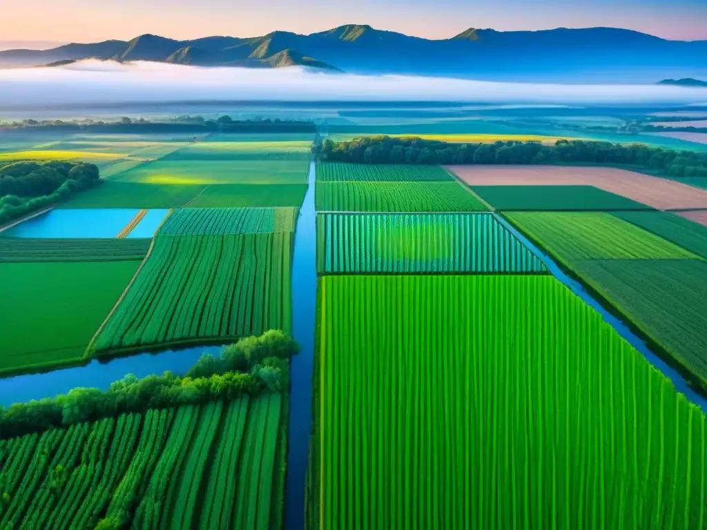 Vista aérea de expansión agrícola: nuevas estrategias en campos verdes con agricultores trabajando bajo cielo azul