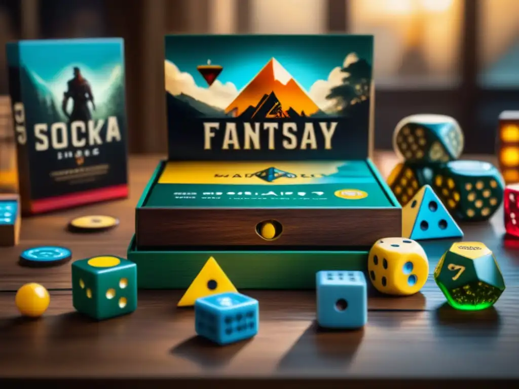 Variedad de juegos de mesa en mesa de madera: fantasía, estrategia y trivia Transforma tu colección de juegos con una vista detallada de juegos de mesa de diferentes géneros y temáticas en una mesa de madera iluminada