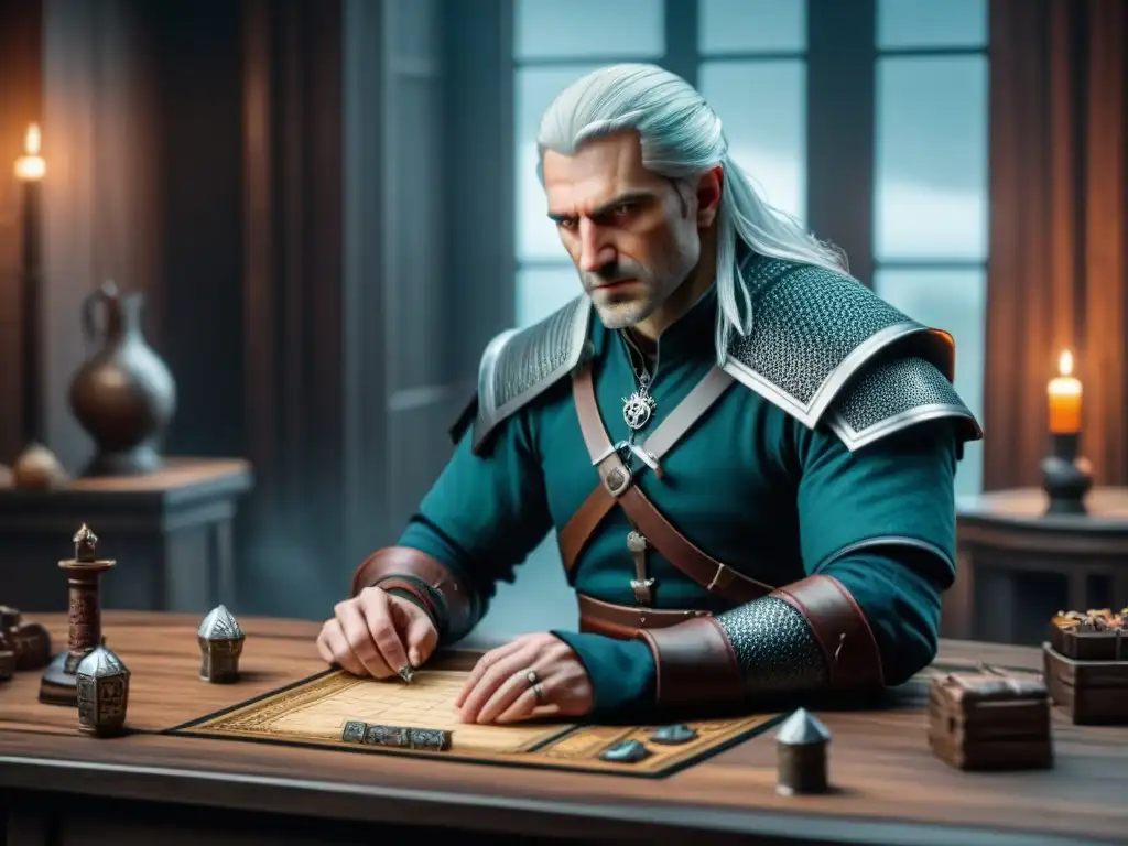 Vista detallada del merchandising exclusivo The Witcher en una mesa moderna y elegante