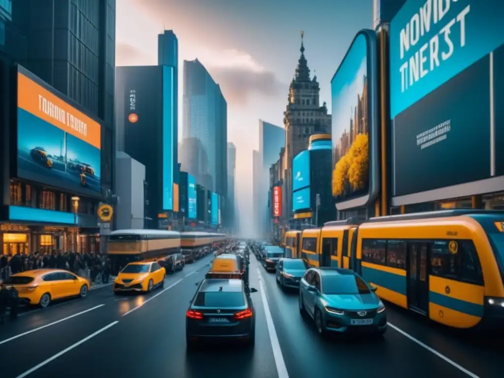 Vista urbana con transporte variado y edificios altos con mensajes ambientales