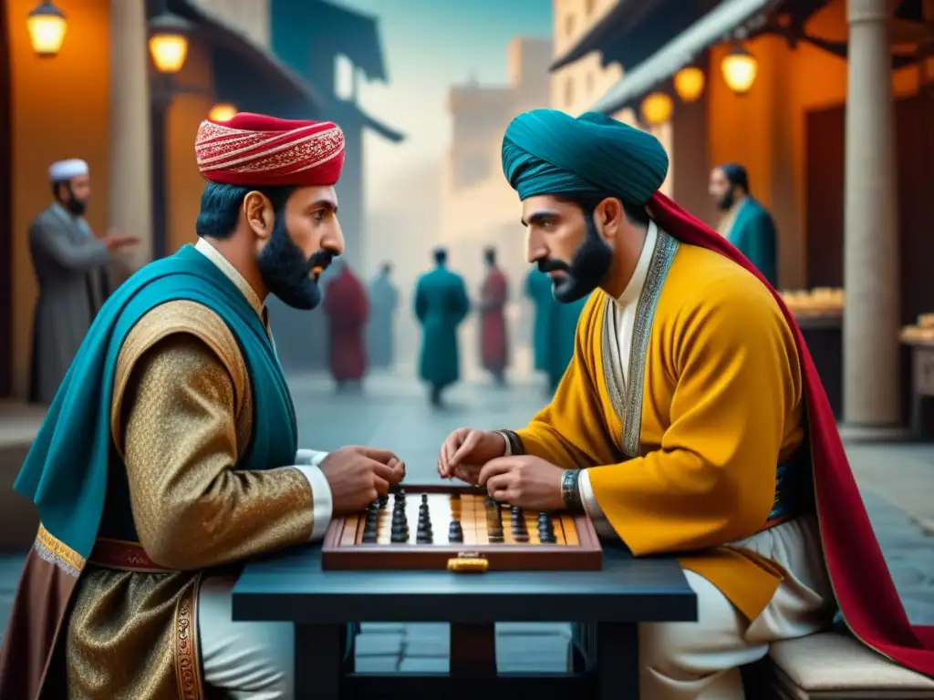 Vívido mosaico de jugadores de backgammon en Persia antigua, resaltando la historia del backgammon a fondo